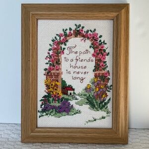 Needlepoint Embroidery Handmade Framed Floral Country Scene